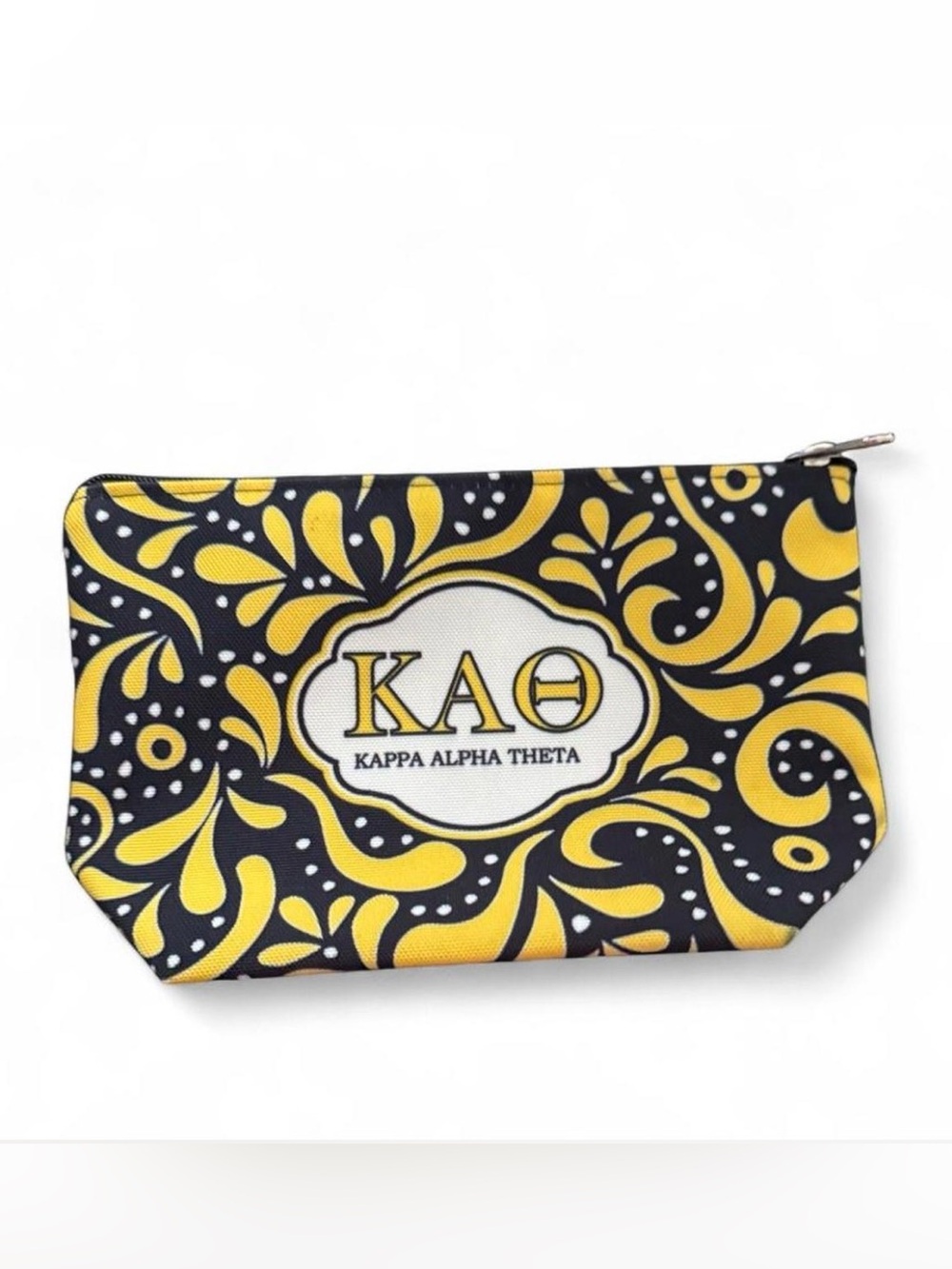 DESDEN Kappa Alpha Theta black and yellow cosmetic zip pouch. 8.6”x5”.